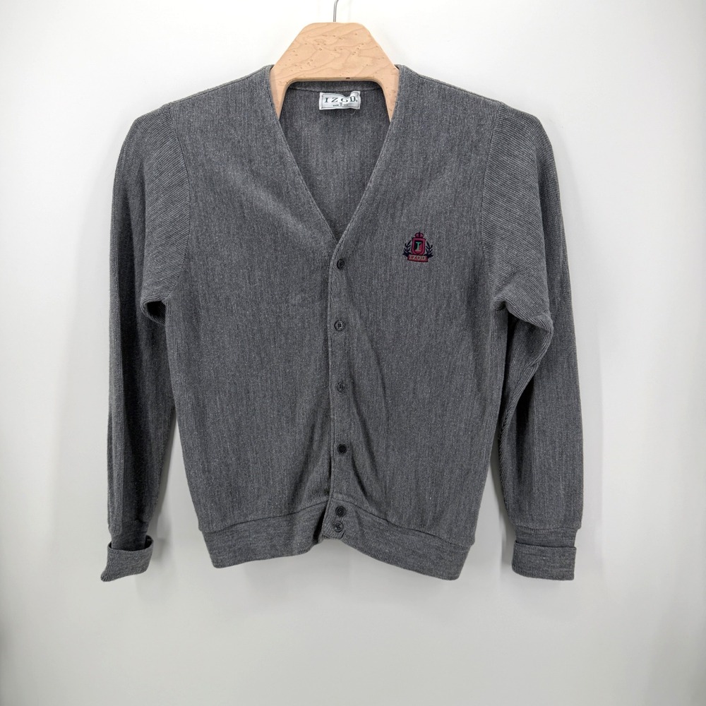 Izod Cardigan Mens Medium Grey Preppy Vintage V-Neck Crest Logo Made in USA